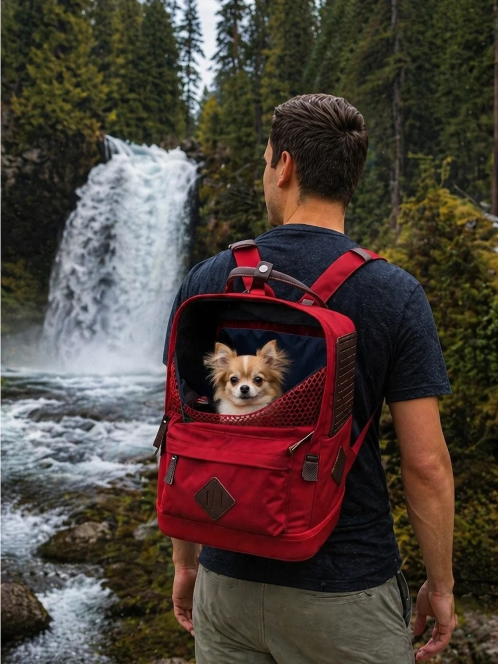 Kurgo Cranberry Red Travel Pet Backpack with Brown Trim